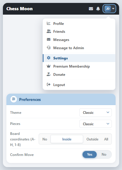 Settings in the avatar menu and the Preferences page